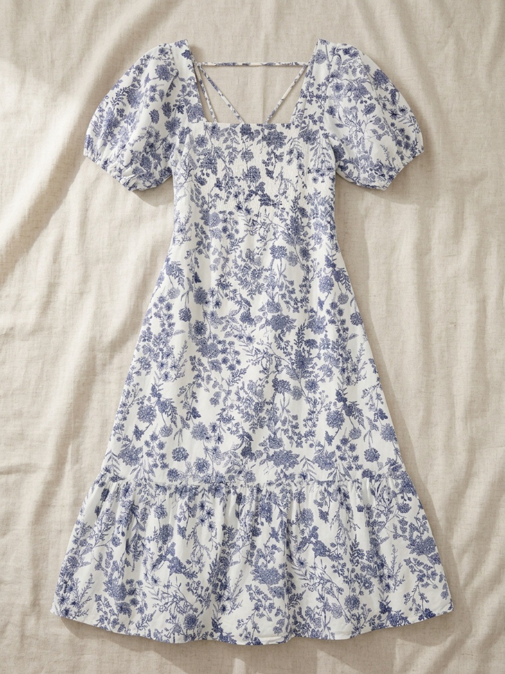 Just Found Blue & White Floral Toile Puff Sleeve Tie Back Tiered Midi Dress L
